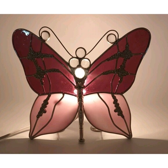 Stained Glass Purple & Pink Butterfly Night Light 7"x8" Silver Accents H6 - Picture 2 of 9